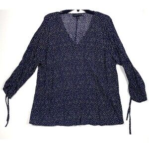 Lane Bryant Blue Shirt Womens Size 20 White Dot Smocked Tie Long Sleeve V Neck